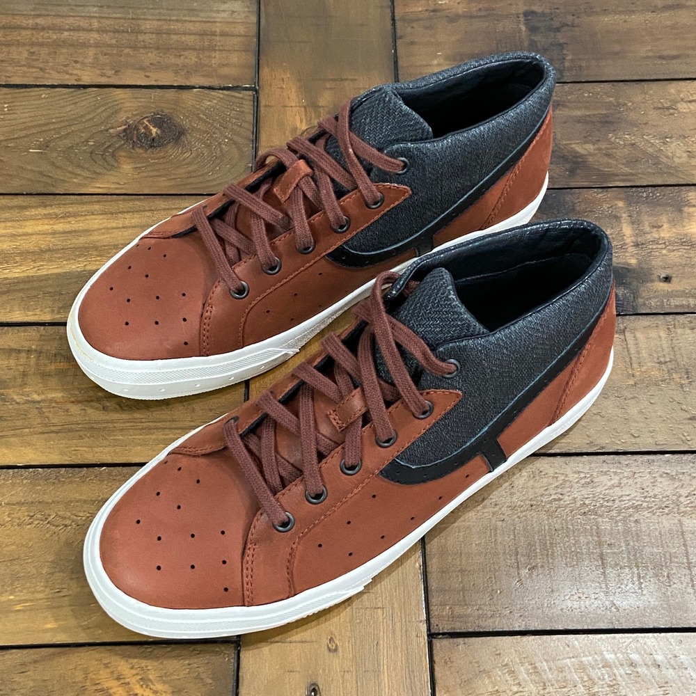 EUC Tsubo Mens Leather Mid Top Sneakers Brown Grey Lace Up‎ Casual Shoes